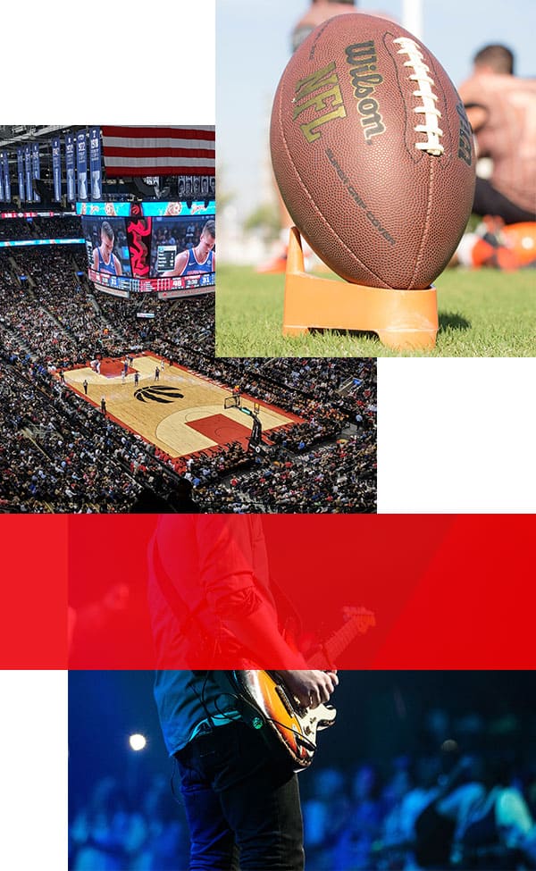 a collage featuring a football, a basketball arena, and an entertainer playing a guitar
